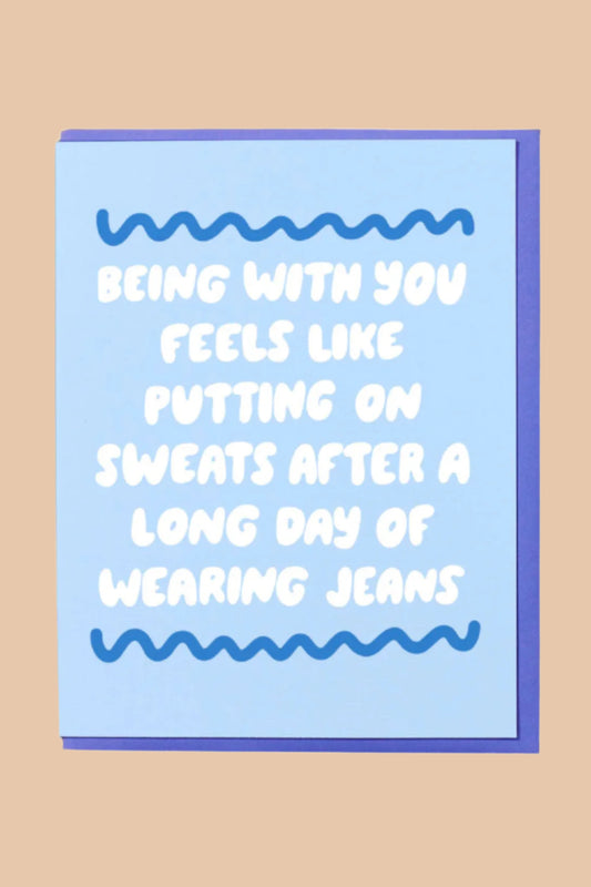putting on sweats - card