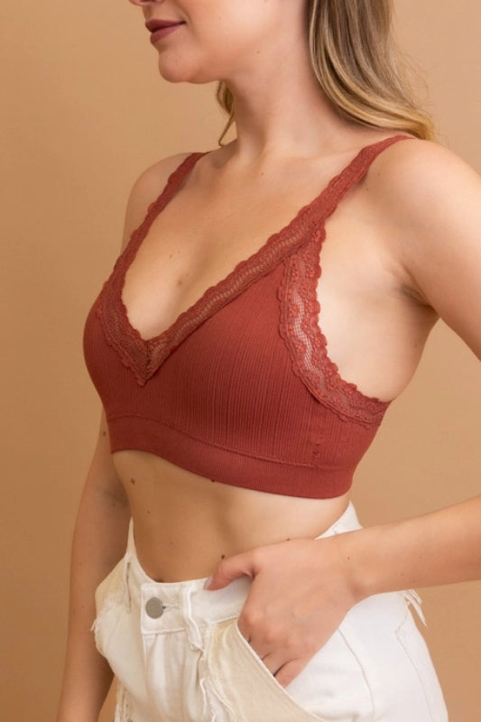 lace trim padded bralette - rust