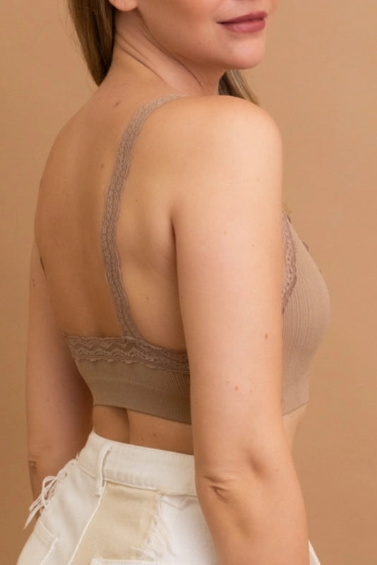 lace trim padded bralette - mocha