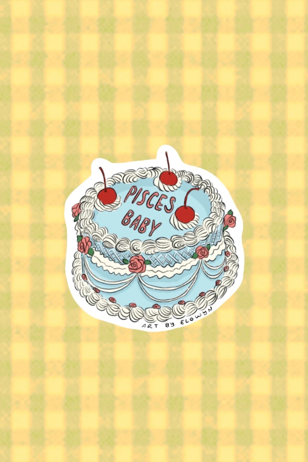 Sticker with cake design and 'Pisces Baby' text on a yellow and green striped background