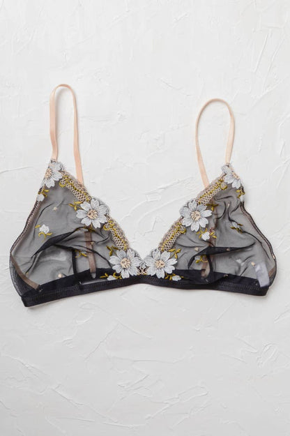 daisy embroidered bralette - black