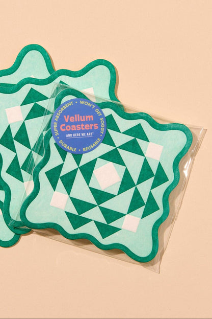 kaleidoscope letterpress coasters - green/aqua