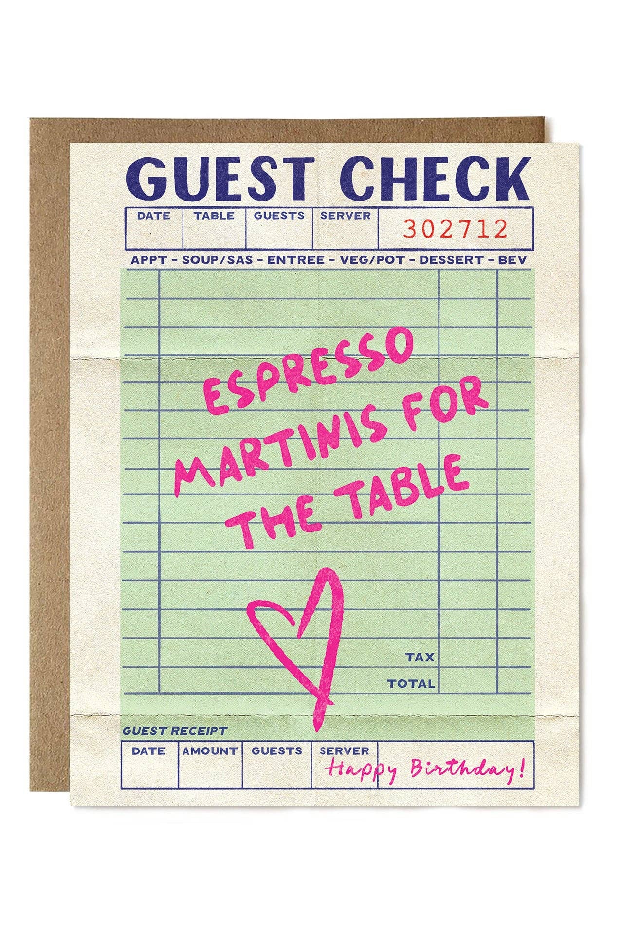 Card designed to look like a guest check with text 'Espresso Martinis for the Table' and 'Happy Birthday!'