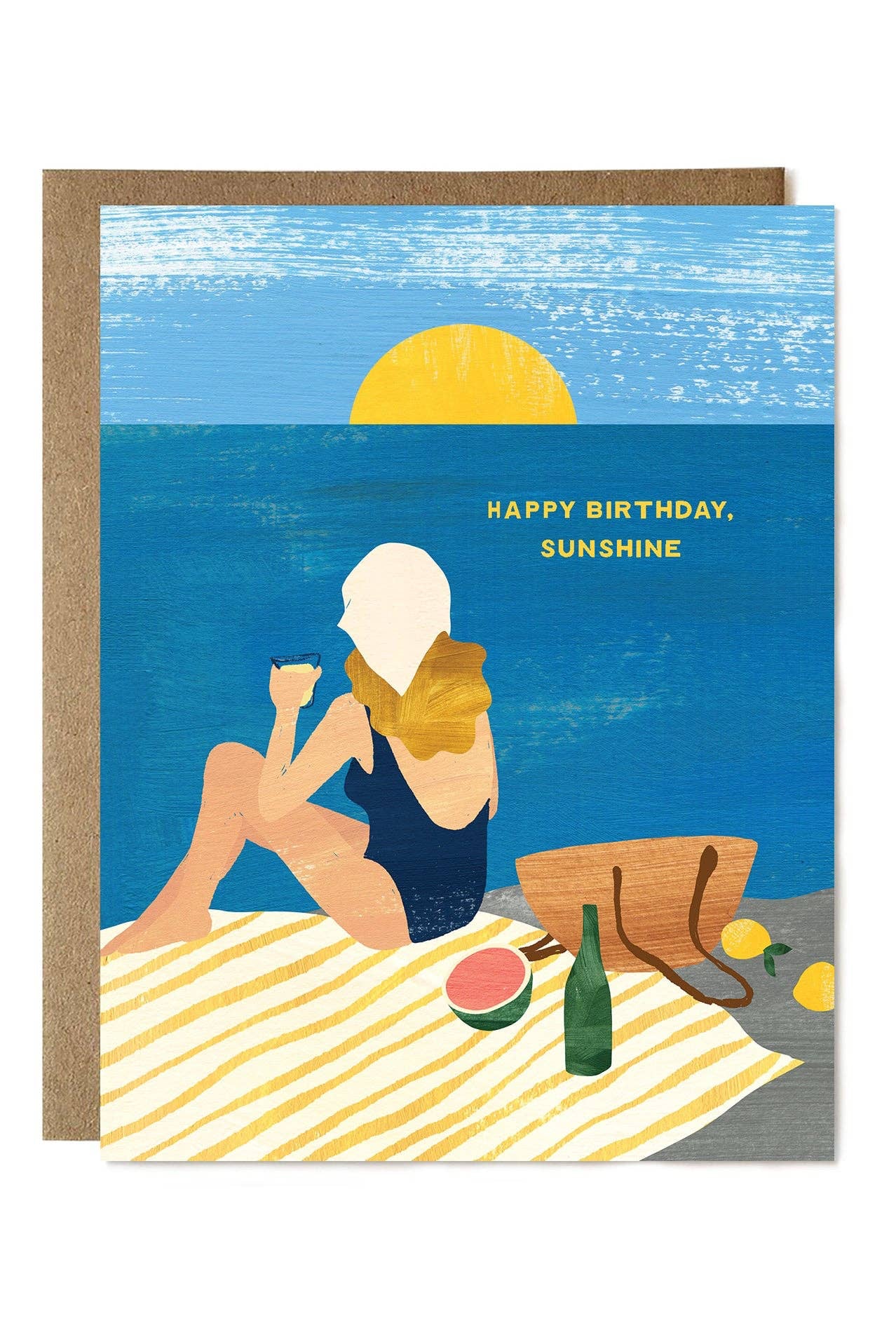 Birthday card with a beach scene and 'Happy Birthday, Sunshine' text.