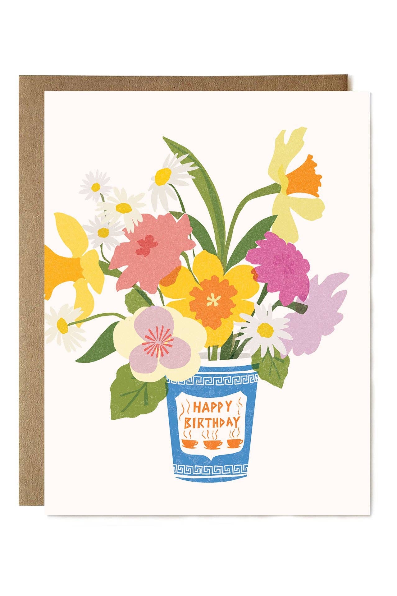 Greeting card with a bouquet of flowers and 'Happy Birthday' cup design on a white background