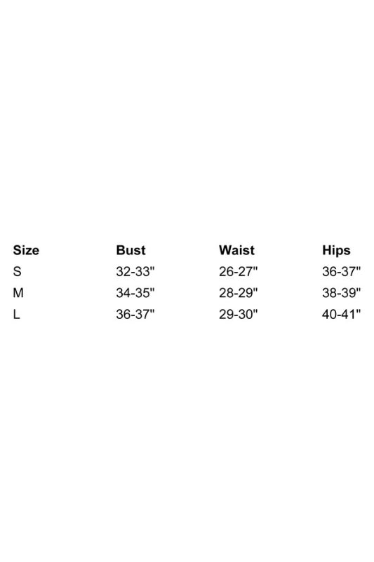 Size chart for clothing with bust, waist, and hips measurements.