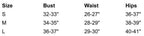 Size chart for clothing measurements with bust, waist, and hips dimensions.