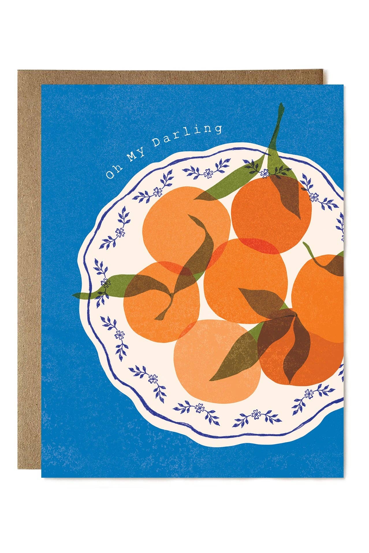 Card with illustration of oranges on a blue background