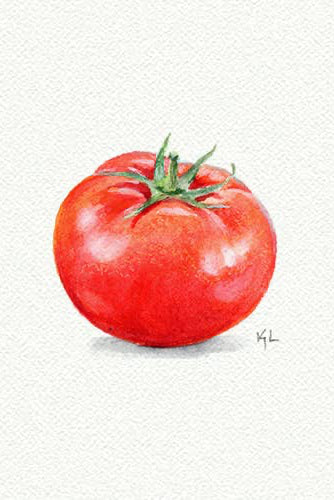 A watercolor painting of a single red tomato with a green stem, centered on a textured off-white background with a small artist signature.