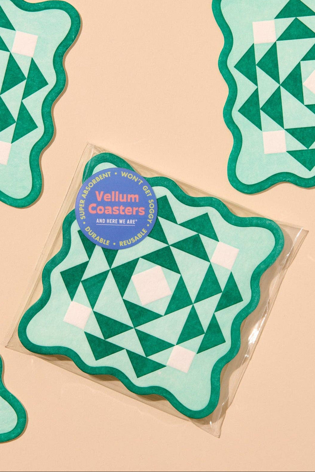 kaleidoscope letterpress coasters - green/aqua