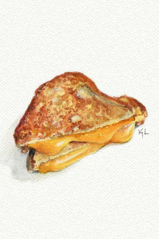 A watercolor painting of a grilled cheese sandwich on a textured white paper background, signed 'KL' in the lower right of the drawing.