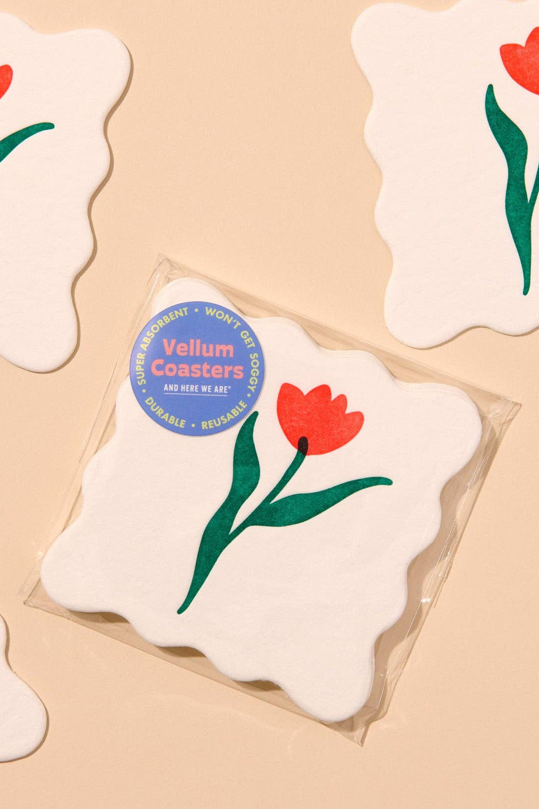 tulip letterpress coasters - red