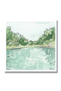 Watercolor painting of a serene lakeside scene with trees and a dock.