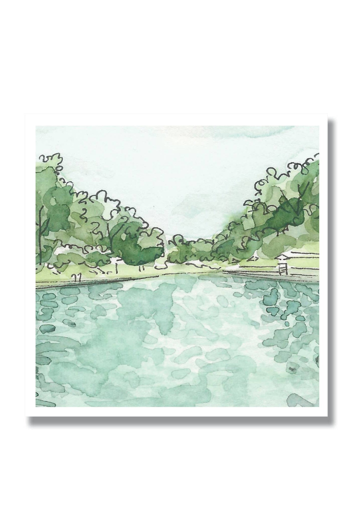 Watercolor painting of a serene lakeside scene with trees and a dock.