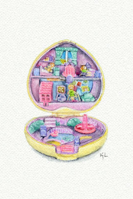A watercolor-style illustration of an open heart-shaped compact or case with a miniature dollhouse interior, shown on a textured off-white background. The compact has a pale yellow border and contains pastel-colored toy furniture, figurines, and accessories.