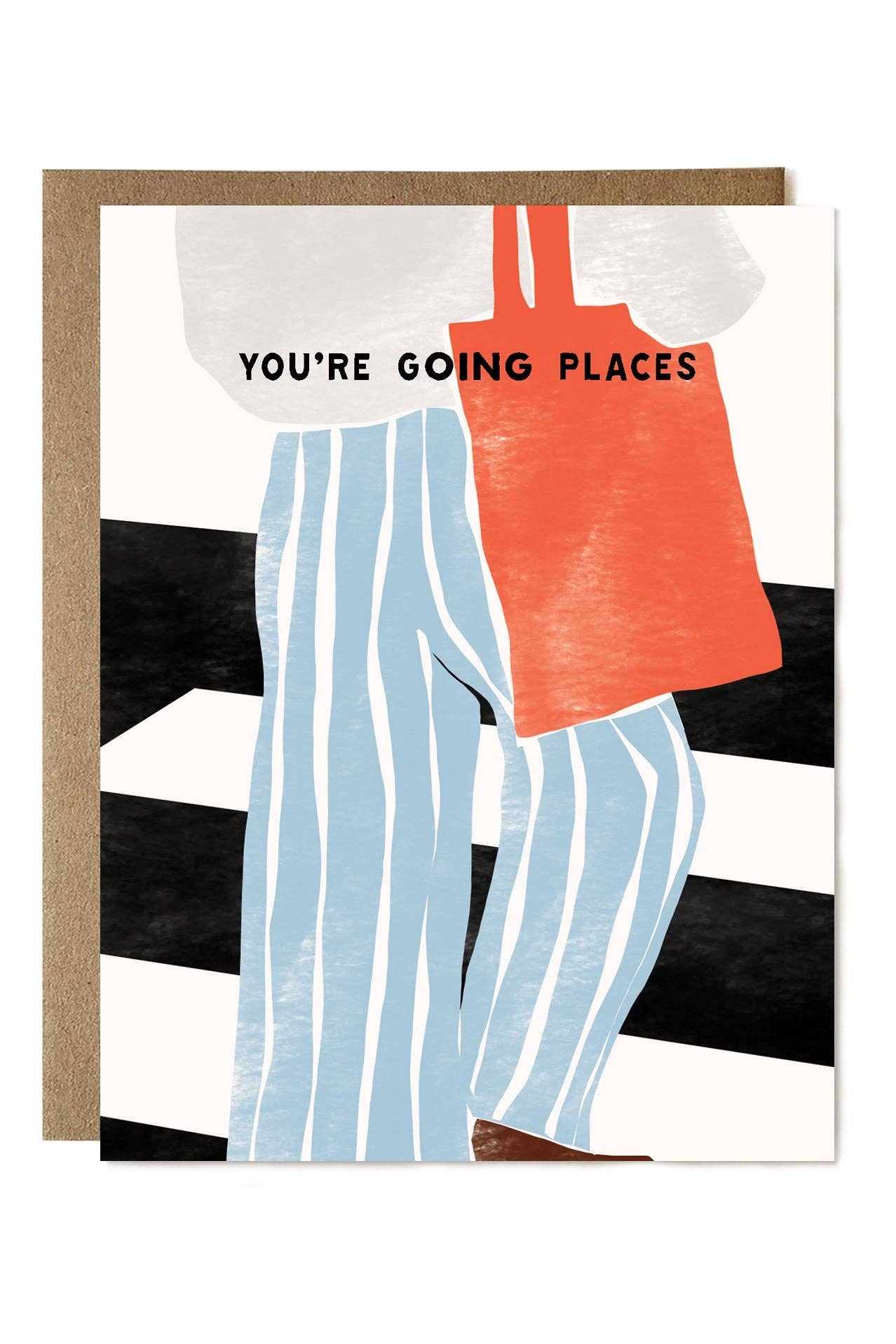 Card with illustration of a person wearing an orange shirt and blue striped pants, with text 'You're Going Places' on a black and white striped background.