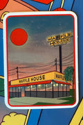 Cartoon-style illustration of a Waffle House restaurant with a colorful border.