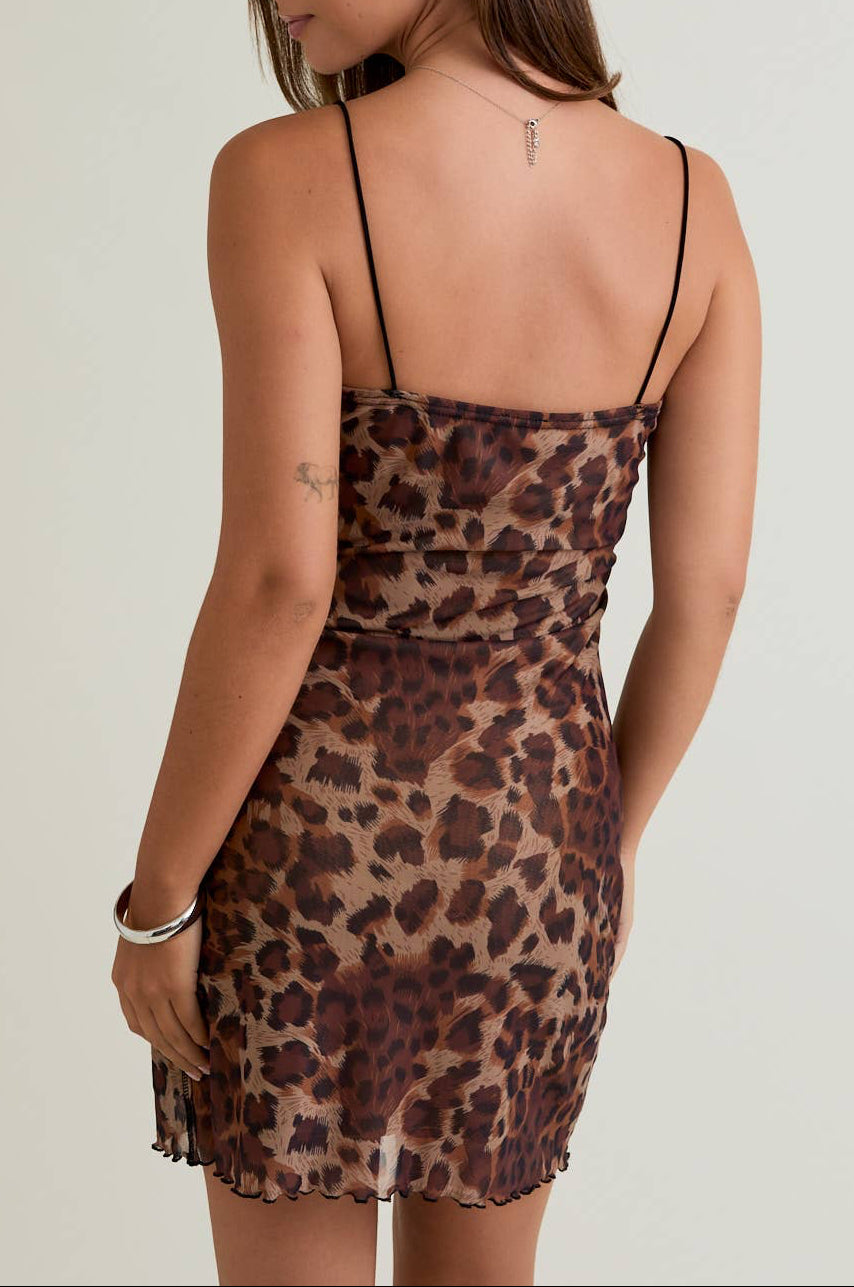 Woman wearing a leopard print dress against a plain background