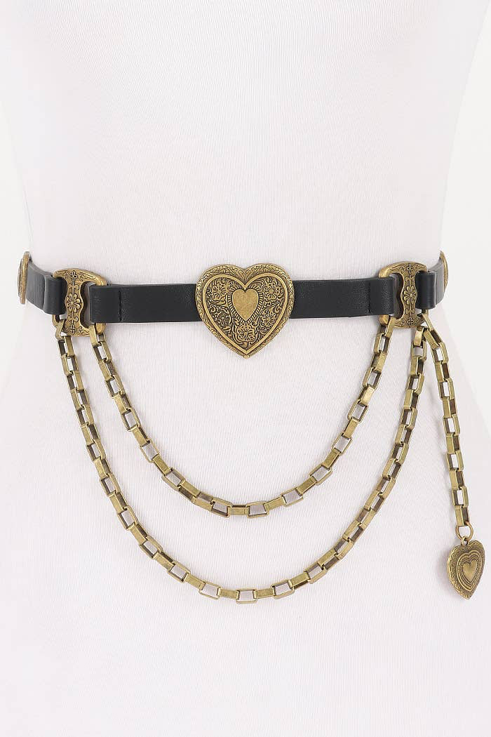 Decorative belt with heart-shaped buckle and chain details on a white background
