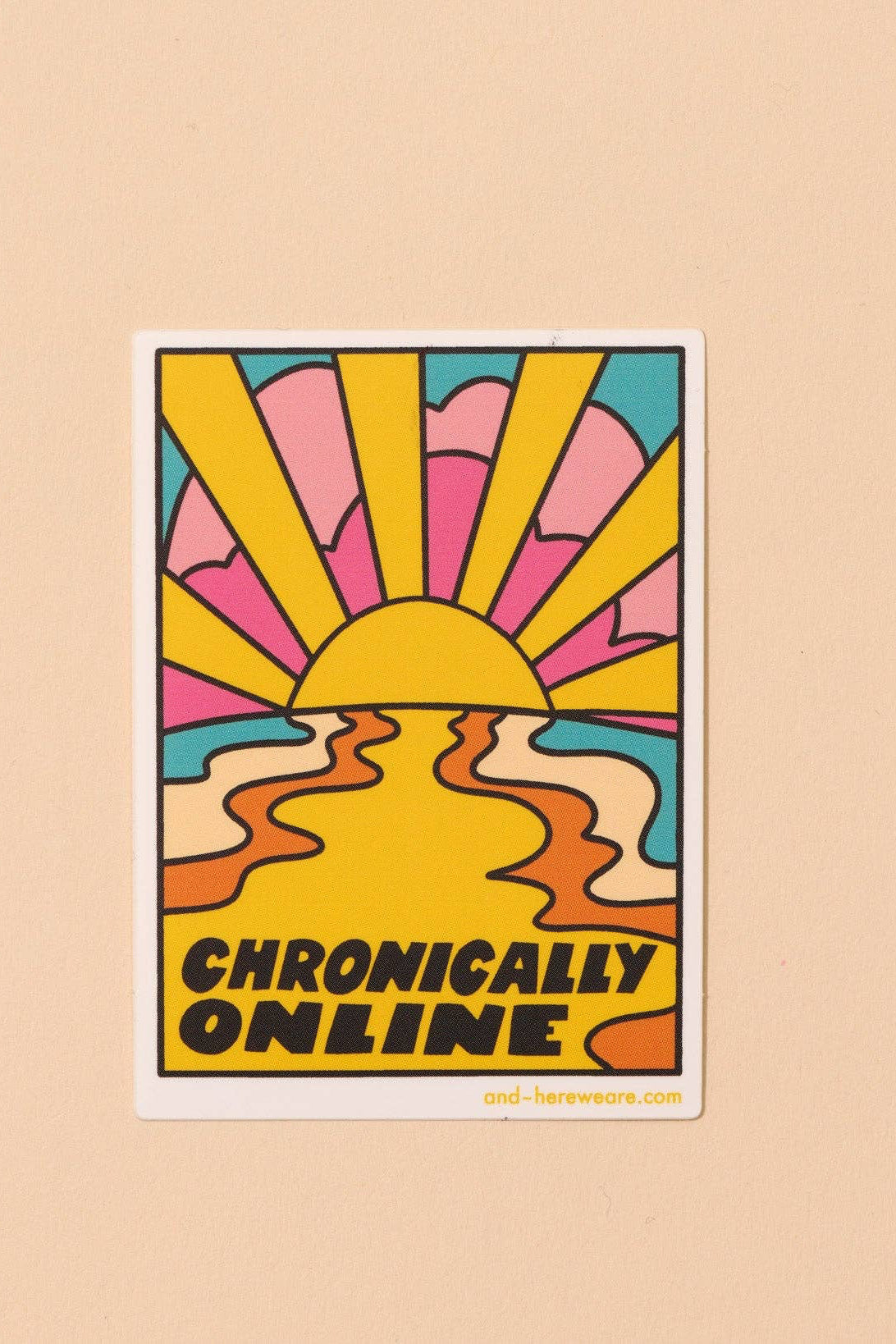 Colorful poster with sun design and 'Chronically Online' text on a beige background