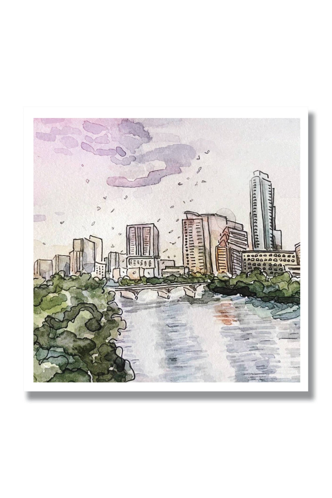 Watercolor painting of a city skyline with buildings and a river.