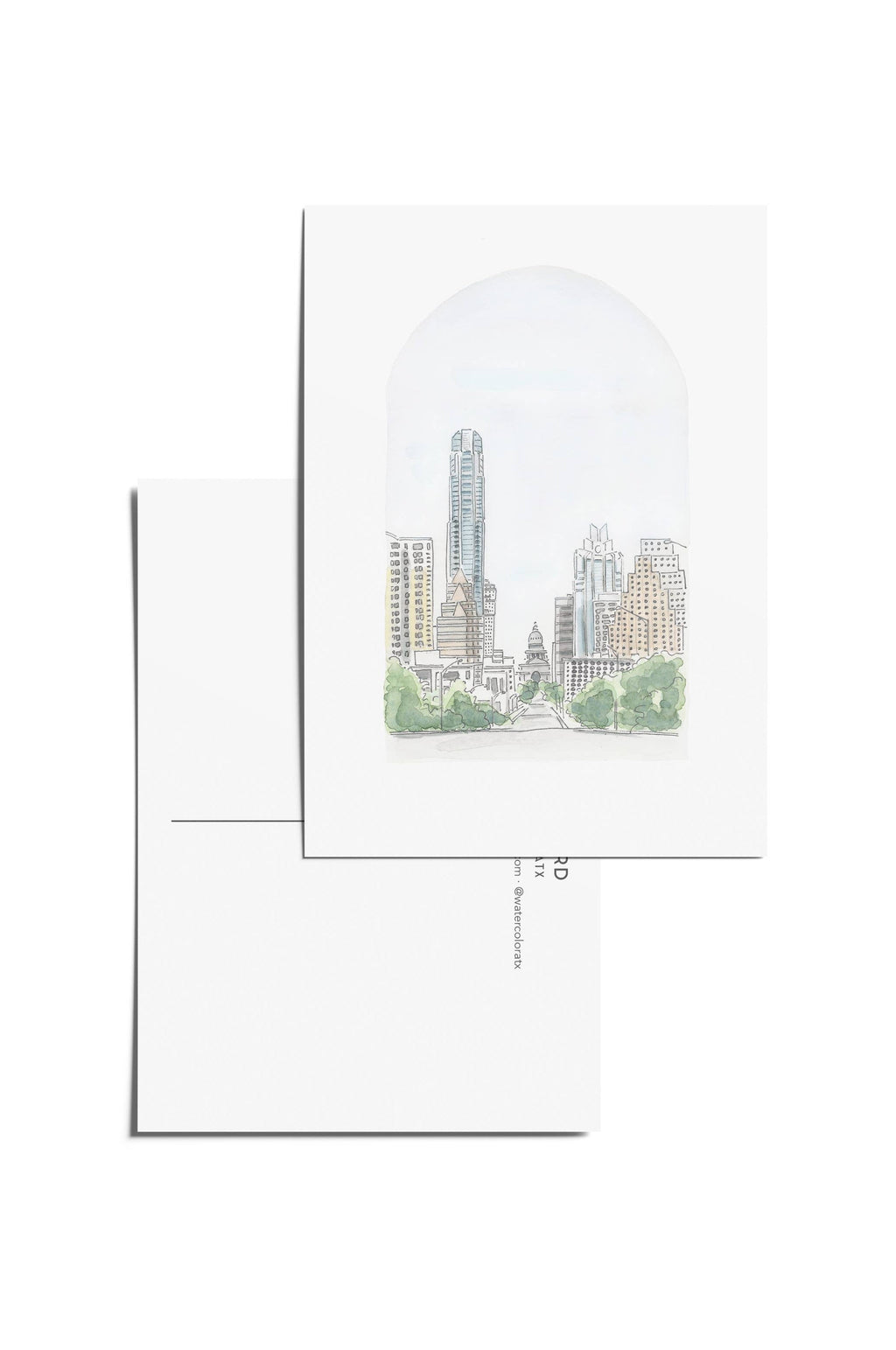 White envelope with a scenic image of a cityscape on a white background