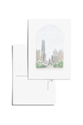 White envelope with a scenic image of a cityscape on a white background