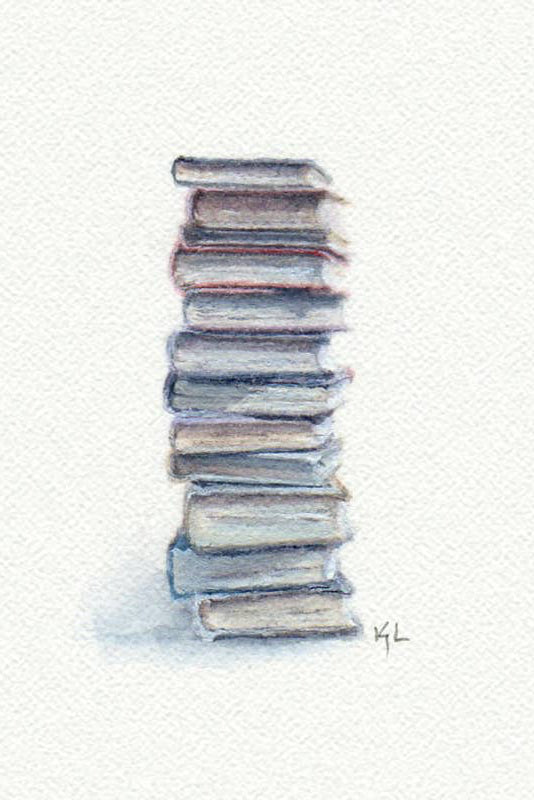A watercolor painting of a tall stack of books on a textured off-white background, with a small artist signature 'YK' near the base.