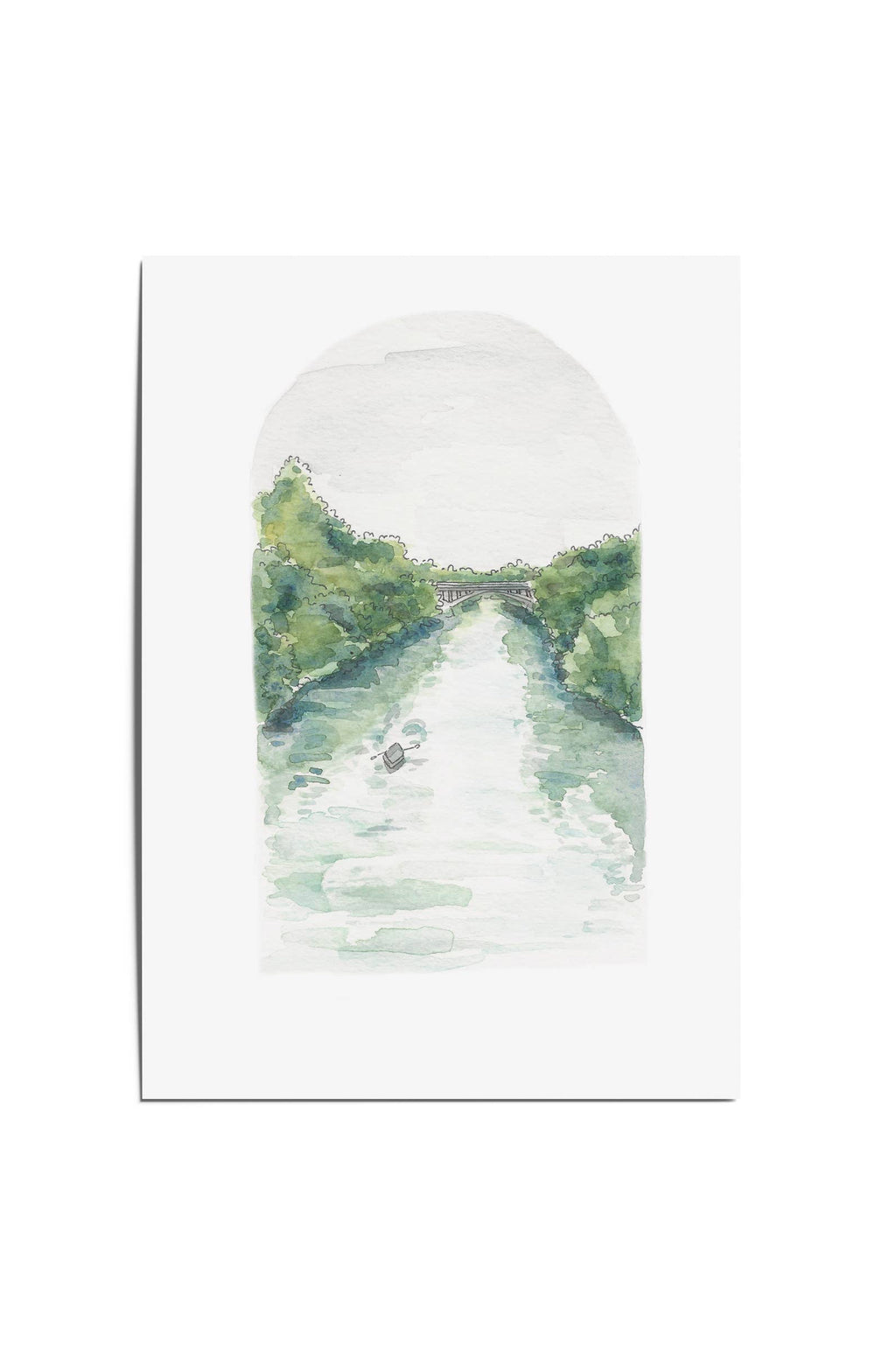 Framed artwork of a landscape with a river and trees on a white background