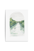 Framed artwork of a landscape with a river and trees on a white background