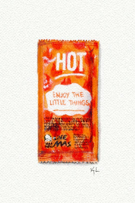 A hand-painted watercolor illustration of a hot sauce packet on a textured white background. The packet is orange-red with white text reading 'HOT' and 'ENJOY THE LITTLE THINGS', with 'Cine Palmas' visible near the bottom.