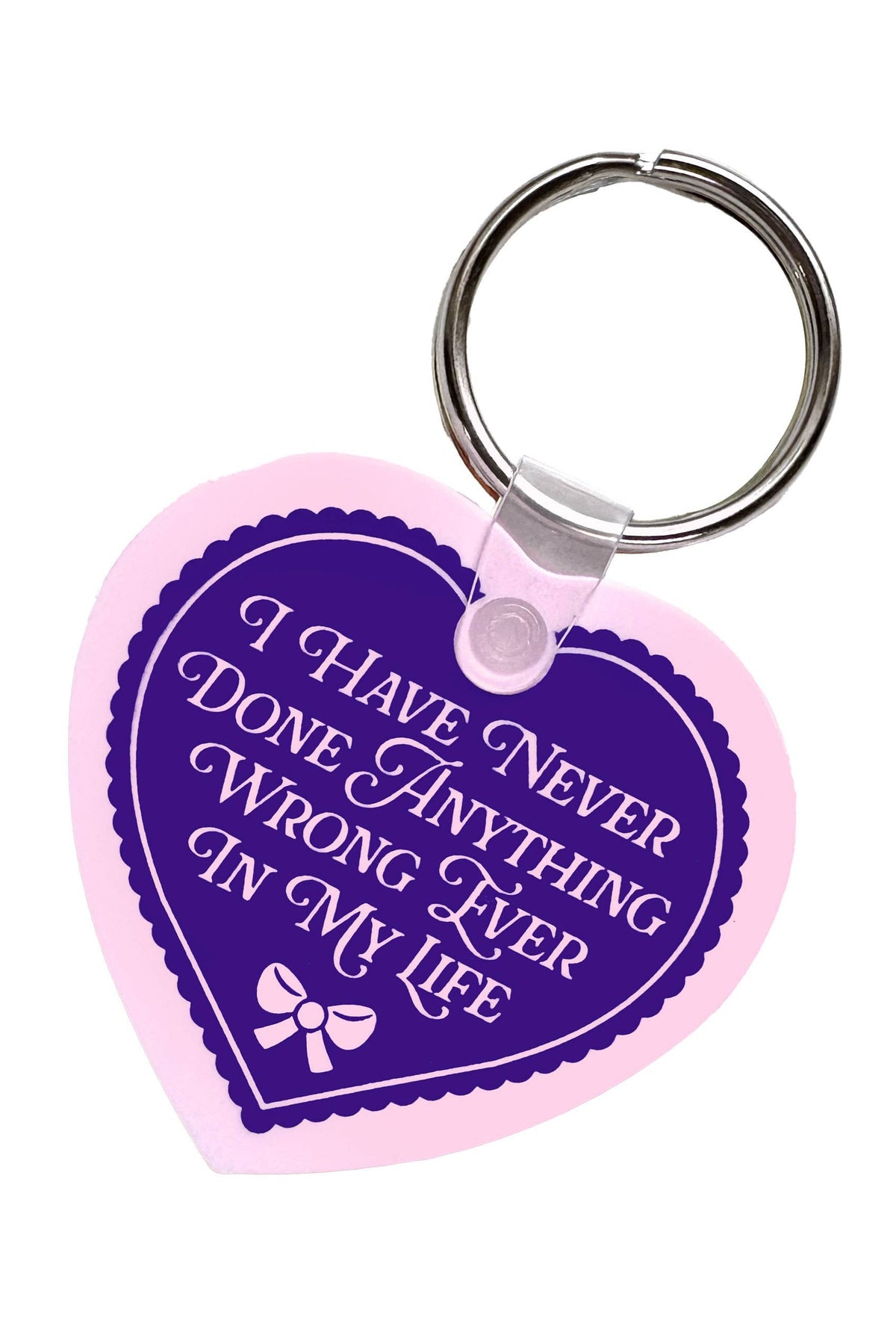 Heart-shaped keychain with purple text and pink border on a white background