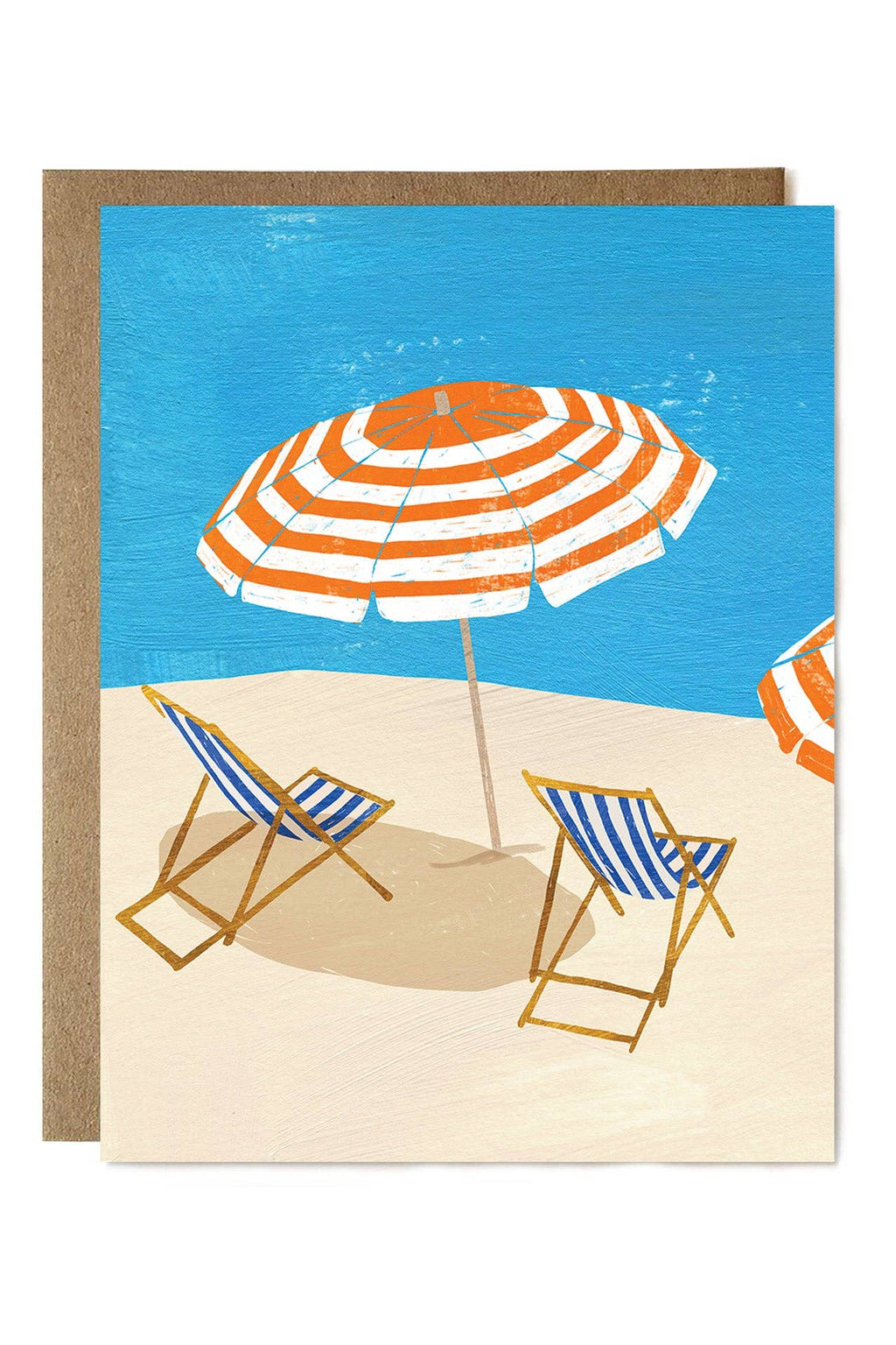 Card with a beach scene featuring a striped umbrella and chairs on a white background