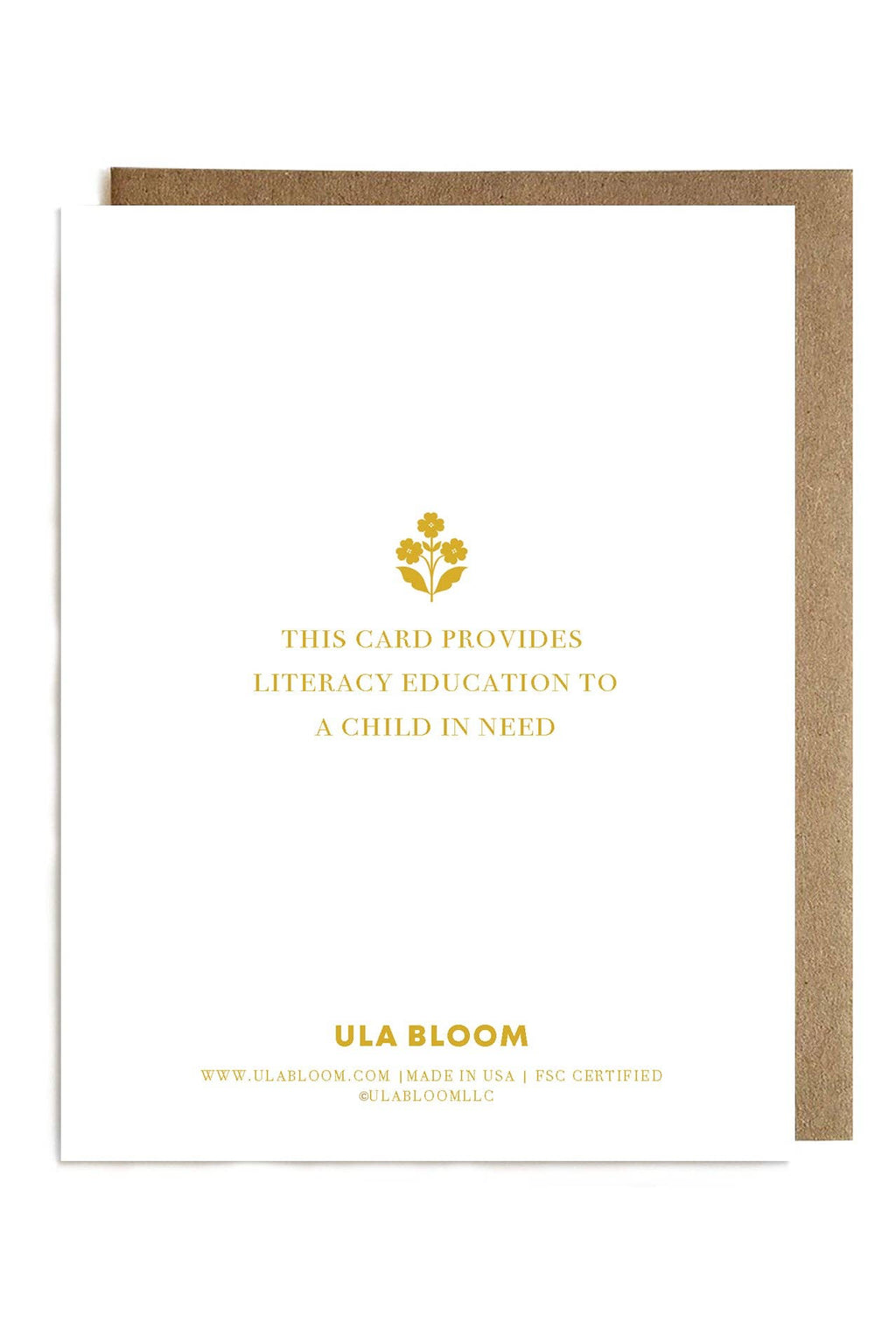 Ula Bloom literacy education card with gold text and logo on a white background