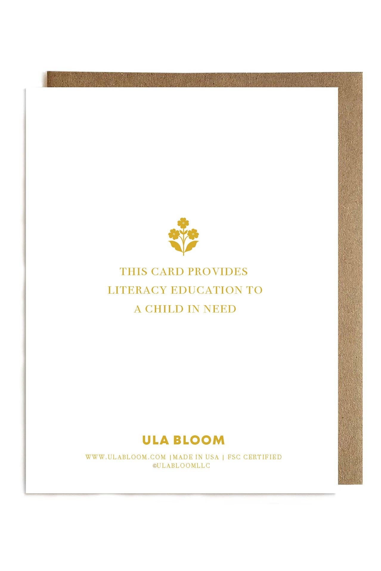 Ula Bloom literacy education card with gold text and logo on a white background