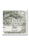 A square art print featuring a hand-drawn sketch of a house facade with a central door, surrounding windows, and leafy vines, shown against a white background with a subtle drop shadow.