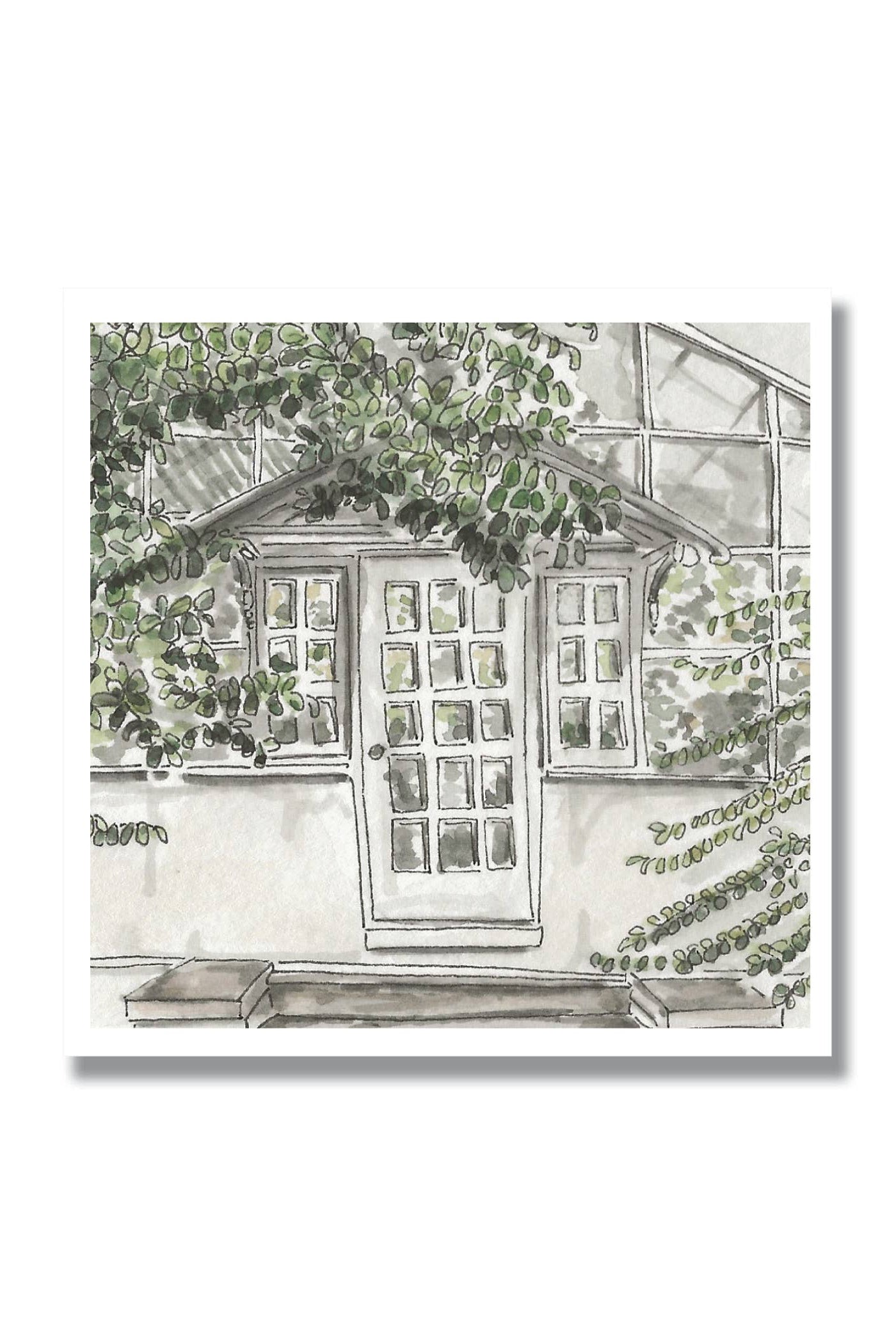 A square art print featuring a hand-drawn sketch of a house facade with a central door, surrounding windows, and leafy vines, shown against a white background with a subtle drop shadow.