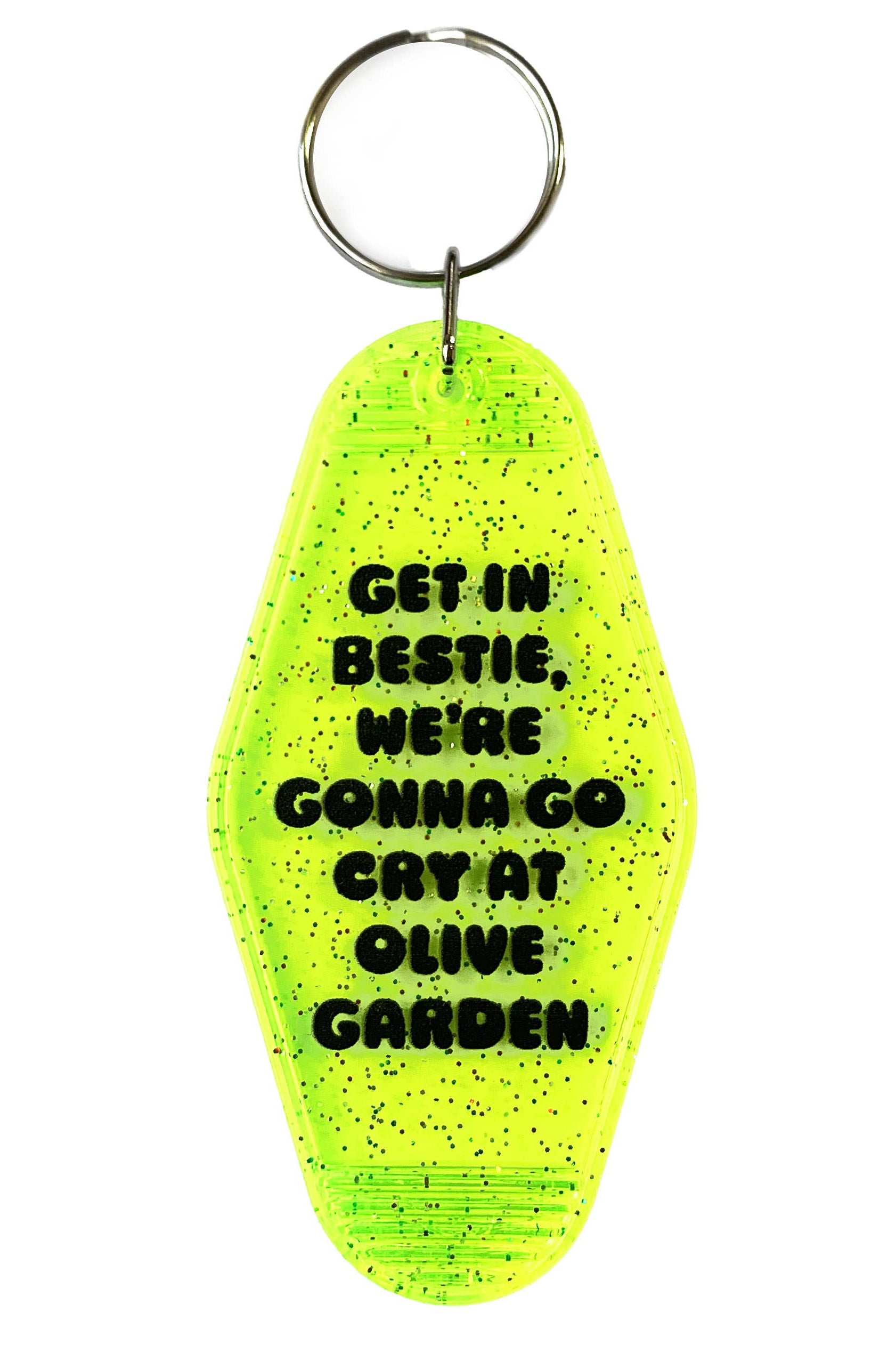 Yellow keychain with black text on a white background