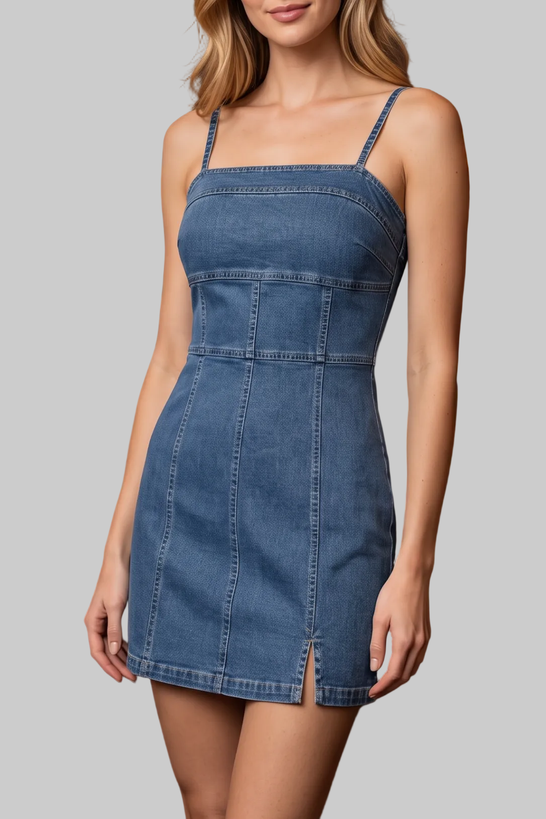 A woman wearing a blue denim mini dress with thin straps and a front slit, standing in a dimly lit restaurant or lounge with blurred patrons in the background.