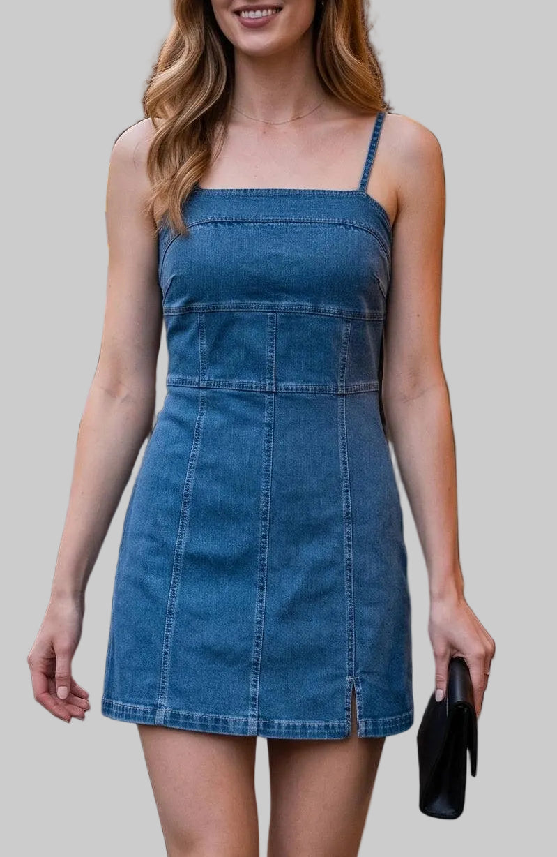 A woman walking on a city sidewalk wearing a blue denim mini dress with thin straps and a square neckline, holding a black clutch.
