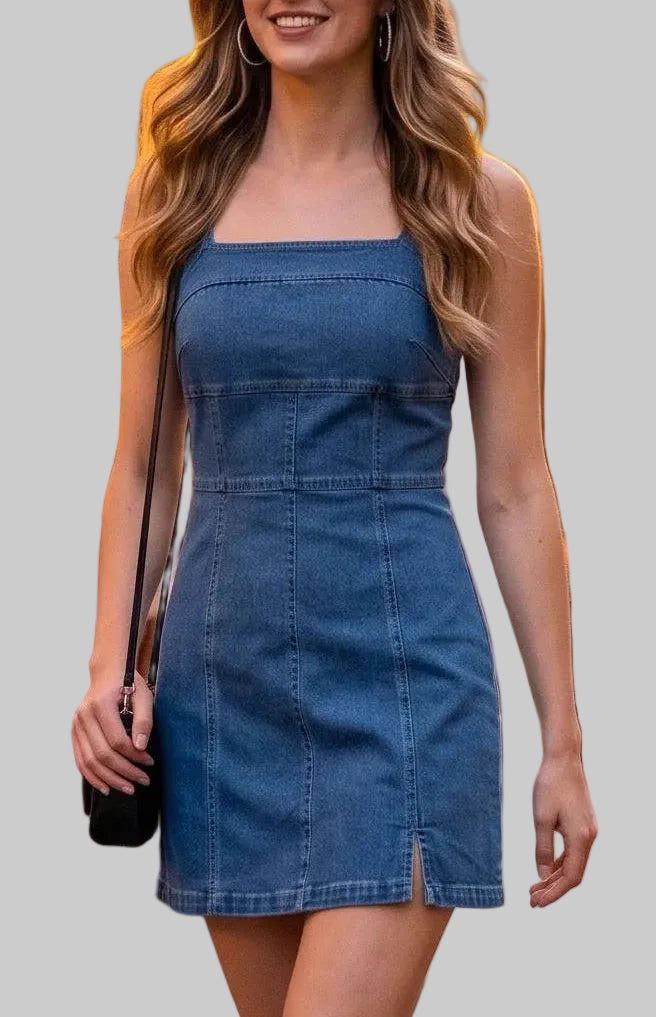 A woman wearing a blue denim mini dress 