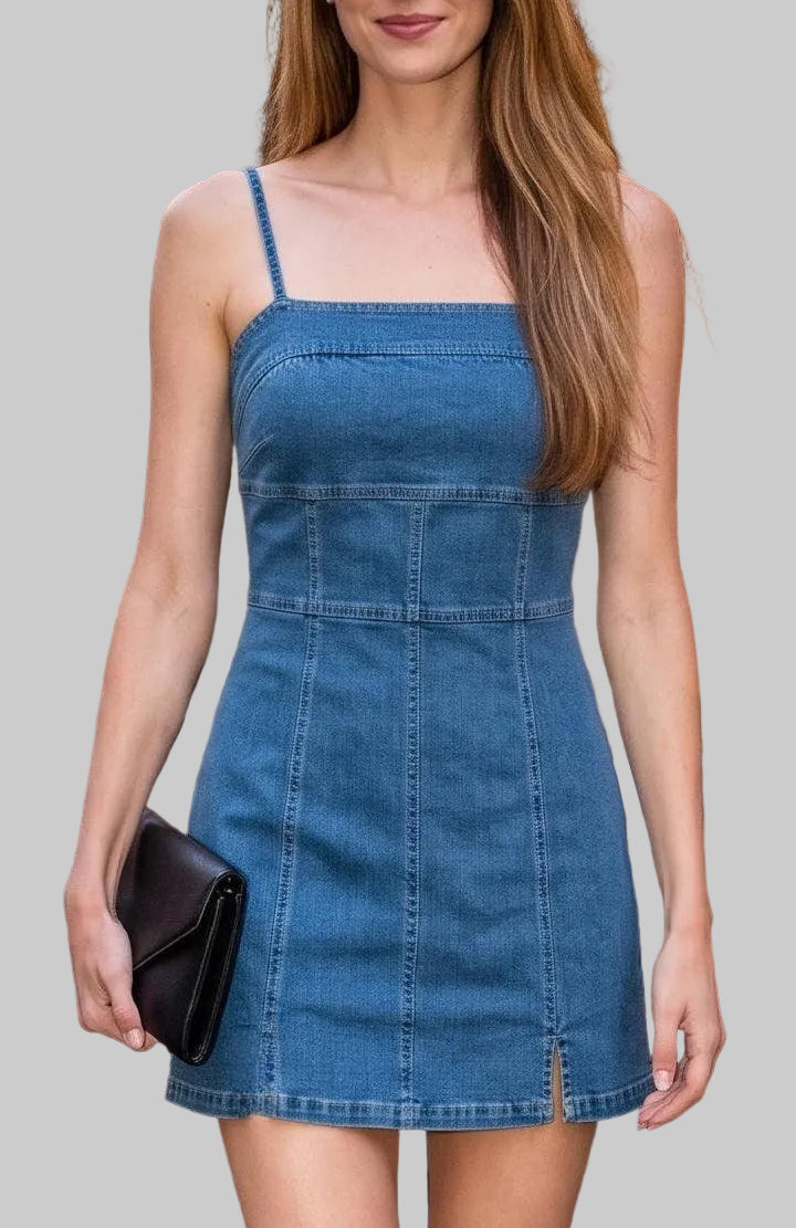 A woman wearing a blue denim mini dress and black strappy heels walks down a cobblestone street in front of a brick restaurant with outdoor seating and warm string lights.