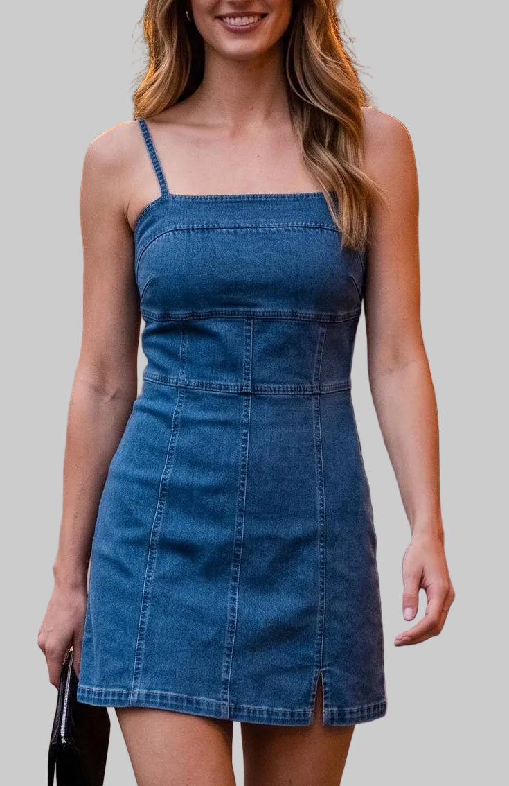 A woman walking on a city sidewalk wearing a blue denim mini dress with thin straps, black ankle boots, and holding a small black clutch bag.