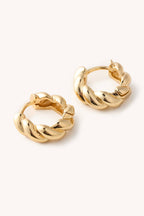 Pair of gold hoop earrings on a white background