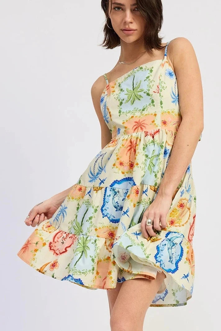 Woman wearing a floral dress on a white background