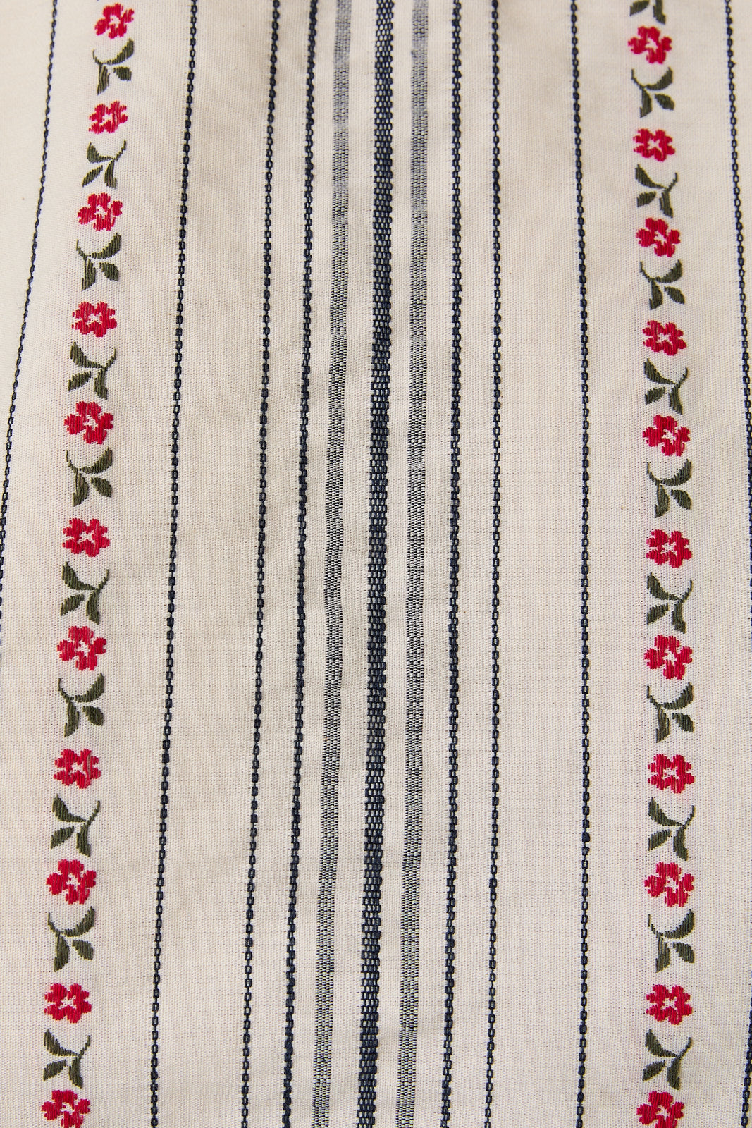 Textile with navy stripes and floral patterns on a beige background