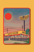 A retro-style illustrated poster or art print featuring a Waffle House diner at sunset, centered on a solid mustard-yellow background.