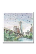 Cityscape with a bridge and buildings, featuring a watercolor style.