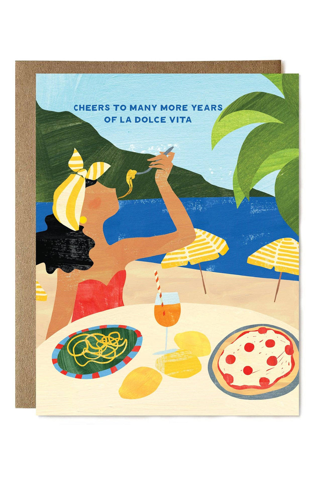 Greeting card with illustration of a woman at an outdoor table with food and drink, with text 'Cheers to many more years of La Dolce Vita'.
