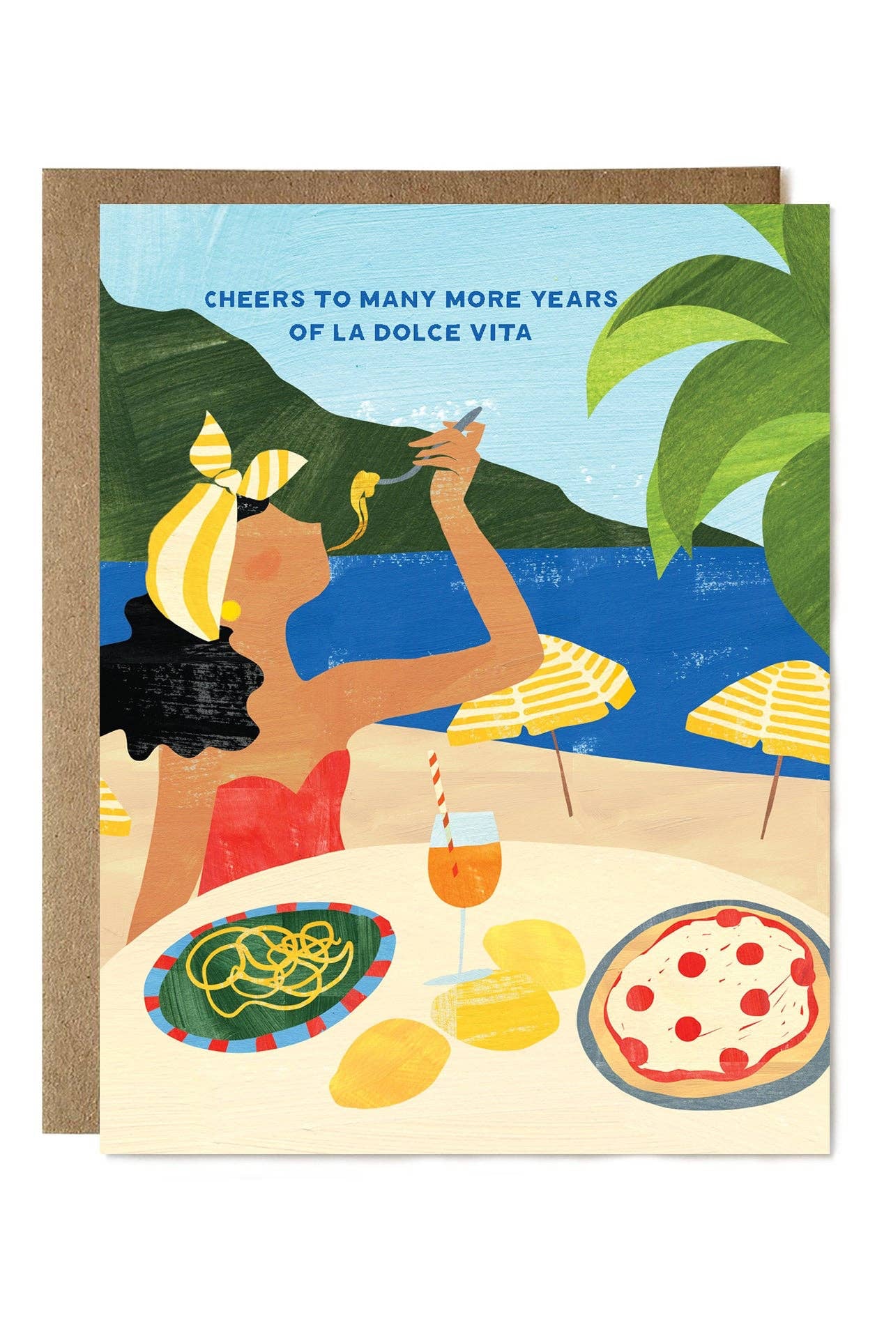 Greeting card with illustration of a woman at an outdoor table with food and drink, with text 'Cheers to many more years of La Dolce Vita'.